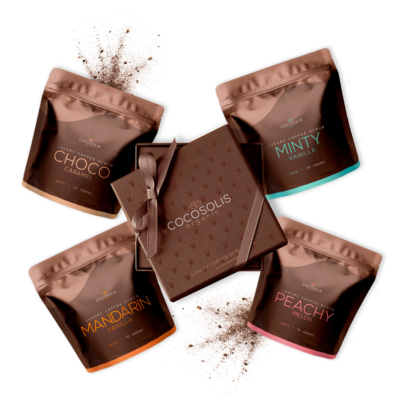 Cutie cu 4 scruburi Luxury Coffee Scrub, 4x70 g, Cocosolis