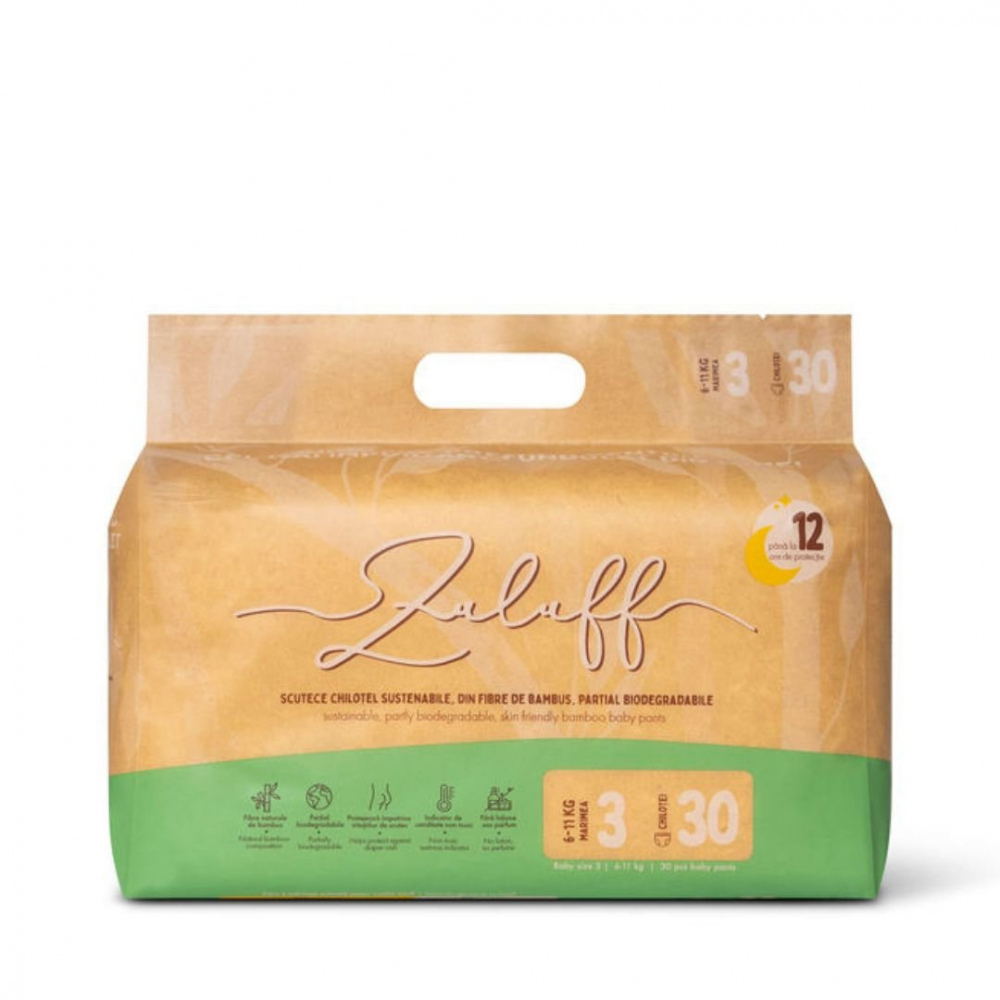 Scutece chilotel de unica folosinta din bambus, Nr. 3, 6-11 kg, 30 bucati, Zuluff