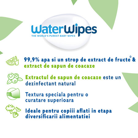 Servetele umede pentru bebelusi fara parfum, +0 luni, 60 bucati, Soapberry, WaterWipes 549290