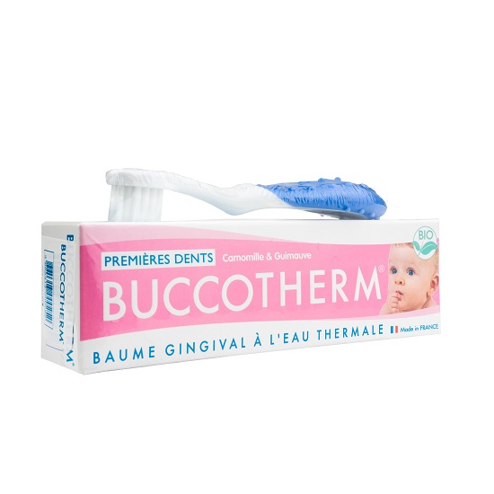 Kit Periuta de dinti + Gel Bio Primii dinti cu musetel si bezea, 0-2 ani, Buccotherm