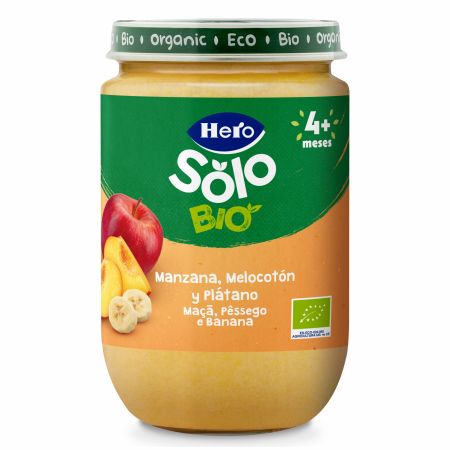 Piure Bio din mar, piersica si banana Solo, +4 luni, 190 g, Hero Baby