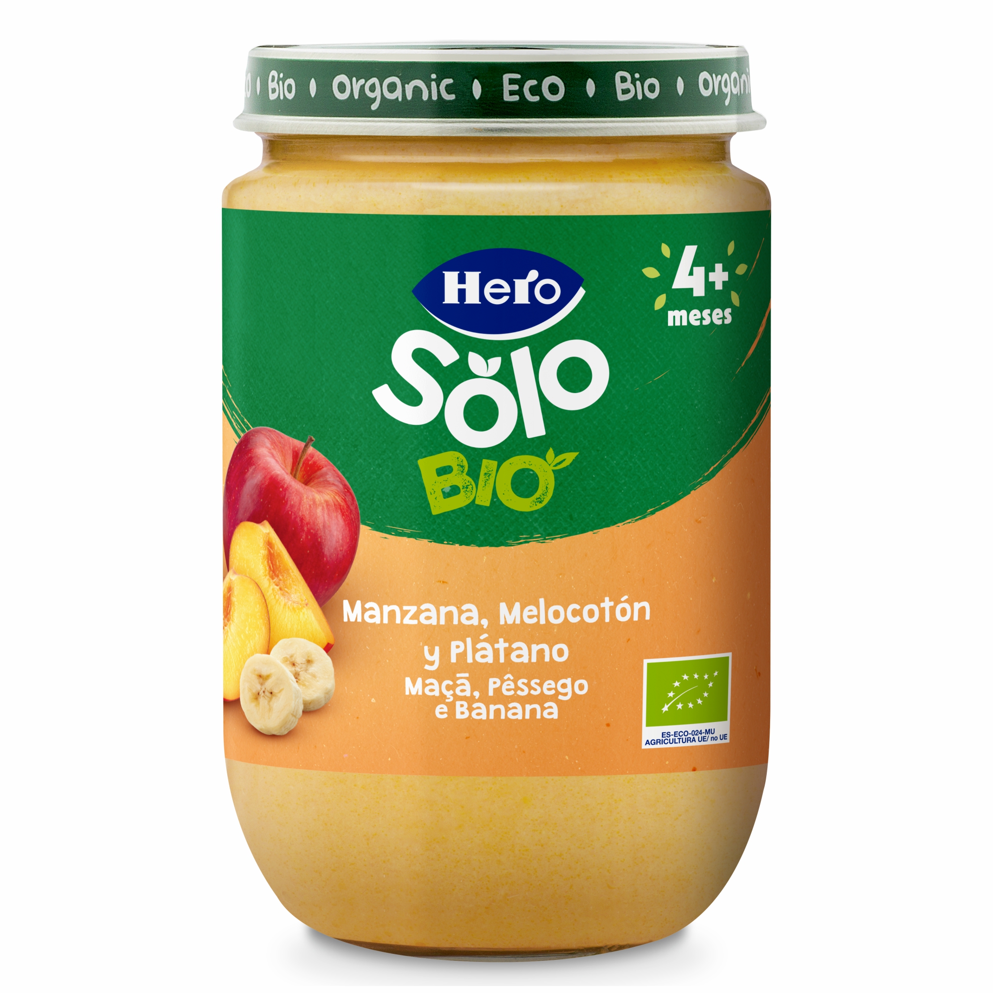 Piure Bio din mar, piersica si banana Solo, +4 luni, 190 g, Hero Baby