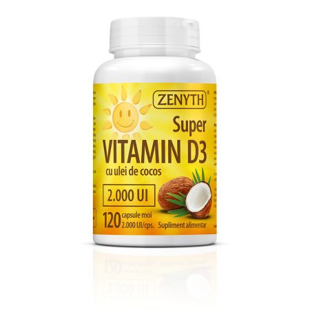 Super Vitamin D3 cu ulei de cocos, 2000UI, 120 capsule, Zenyth