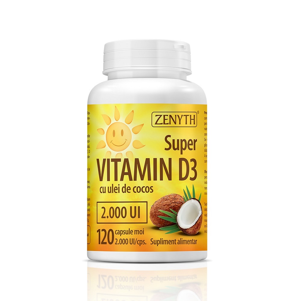 Super Vitamin D3 cu ulei de cocos, 2000UI, 120 capsule, Zenyth