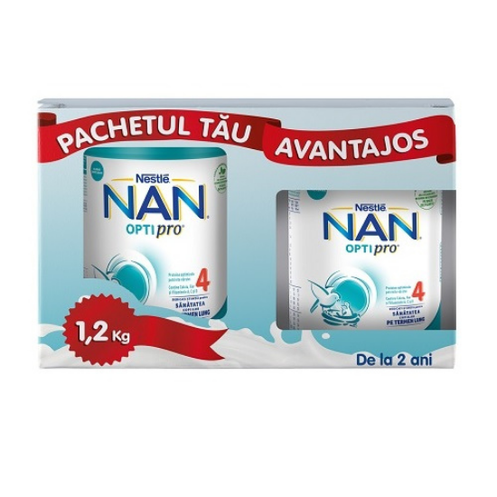 Pachet Lapte praf Nan 4 Optipro, + 2 ani, 800 + 400 g, Nestle