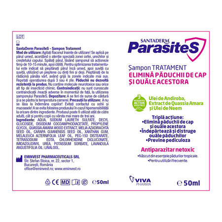 Sampon tratament pentru paduchi si lindini, 3 ani+, 50ml, Parasites 704655
