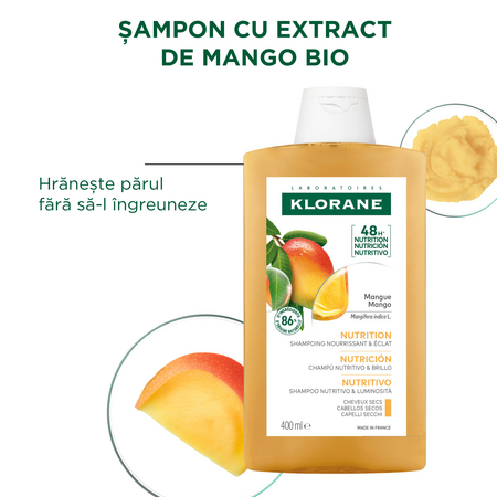 Sampon cu extract de mango pentru par uscat-deshidratat, 400 ml, Klorane 723947