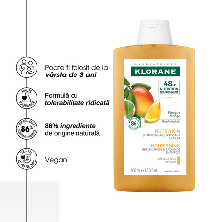 Sampon cu extract de mango pentru par uscat-deshidratat, 400 ml, Klorane 723945