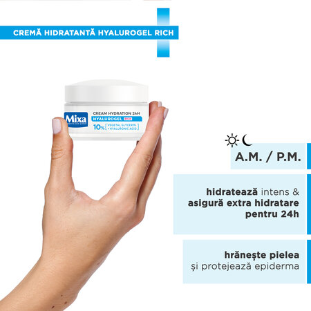 Crema intens hidratanta cu acid hialuronic pentru piele uscata si foarte uascata Hyalurogel Rich, 50 ml, Mixa 757659