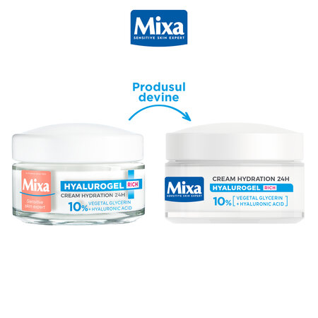 Crema intens hidratanta cu acid hialuronic pentru piele uscata si foarte uascata Hyalurogel Rich, 50 ml, Mixa 757658