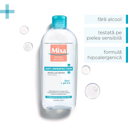 Apa micelara pentru tenul mixt cu tendinta de ingrasare Anti-Imperfection, 400 ml, Mixa 596425