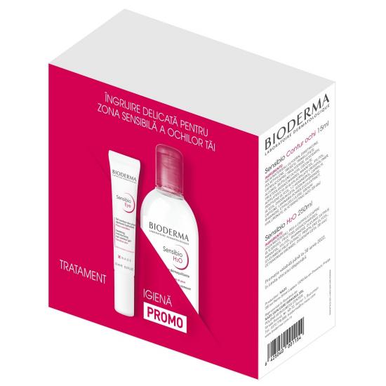 Pachet Gel contur ochi Sensibio, 15 ml + Solutie micelara Sensibio H2O, 250 ml, Bioderma