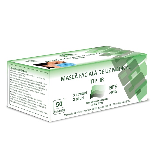 Masca faciala de uz medical, Tip IIR BFE>98%, Albastru, 50 buc, Global Treat