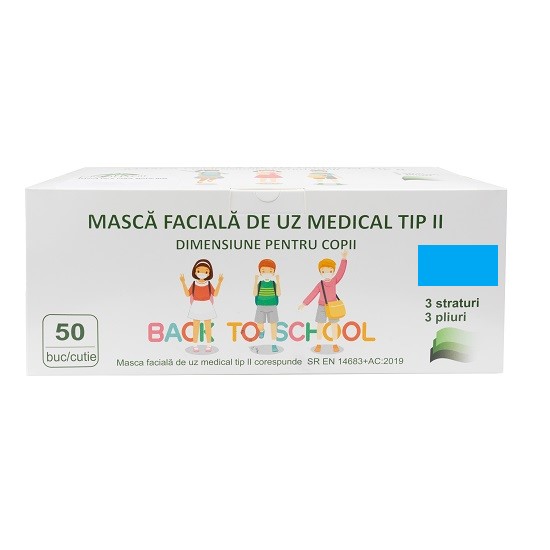 Masca faciala de uz medical Tip II pentru copii, 3 Straturi 3 Pliuri, 50 buc, Albastru, Global Treat