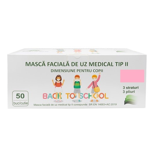 Masca faciala de uz medical Tip II pentru copii, 3 Straturi 3 Pliuri, 50 buc, Roz, Global Treat