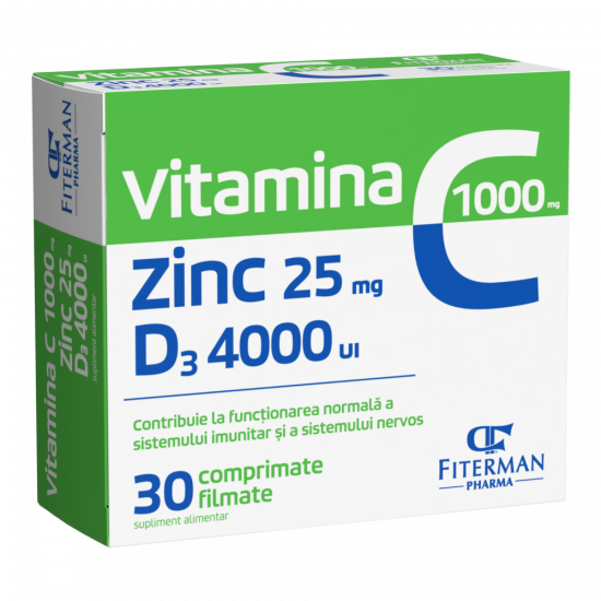 Vitamina C 1000 mg + Zn 25 mg + D3 4000UI, 30 comprimate filmate, Fiterman