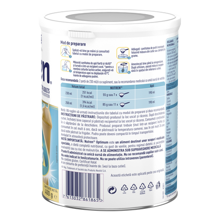 Formula de lapte praf cu aroma de vanilie Nutren Optimum, +4 ani, 400 g, Nestle 643499