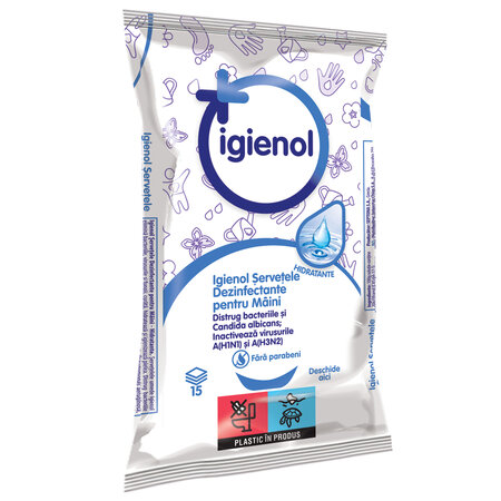 Servetele dezinfectante pentru maini, 15 bucati, Igienol 601455