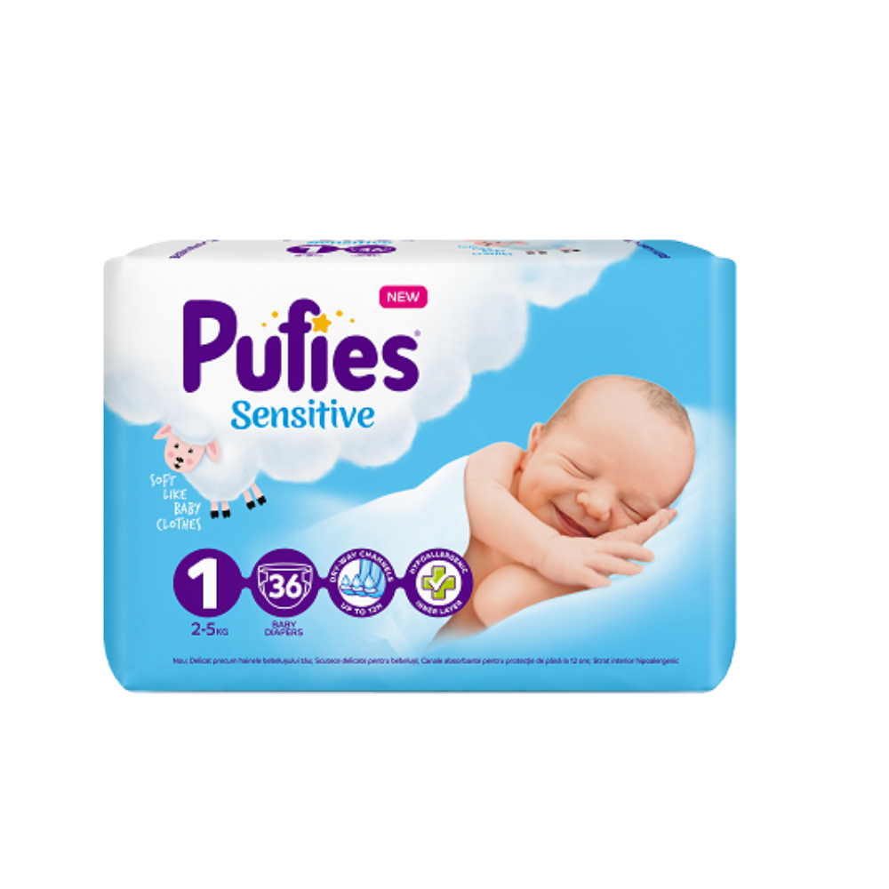 Scutece Sensitive Marimea 1 Newborn, 36 bucati, 2-5 kg, Pufies 