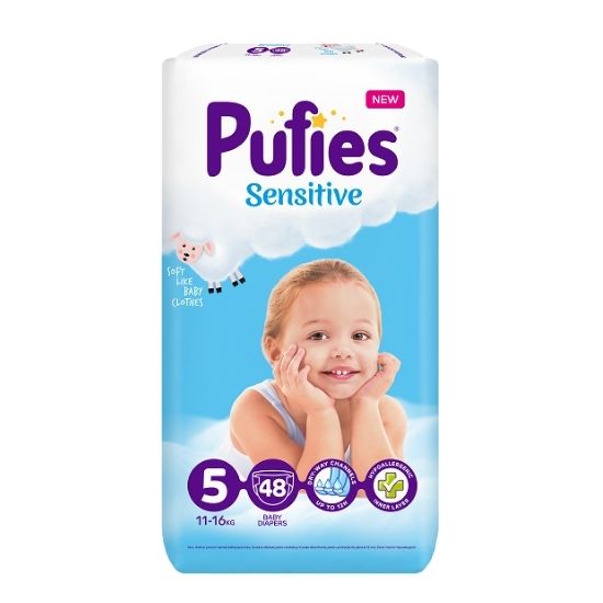 Scutece Sensitive Marimea 5 Junior, 48 bucati, 11-16 kg, Pufies