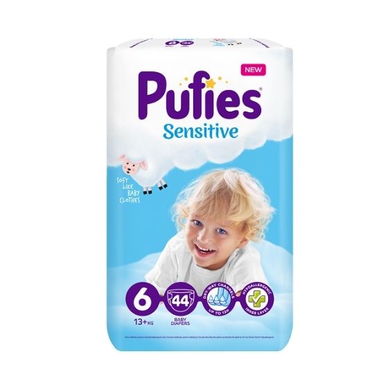 Scutece Sensitive Marimea 6 Extra Large, 44 bucati 13+ kg, Pufies