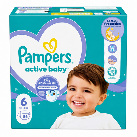 Scutece Active Baby, Nr. 6, 13-18 kg, 56 bucati, Pampers