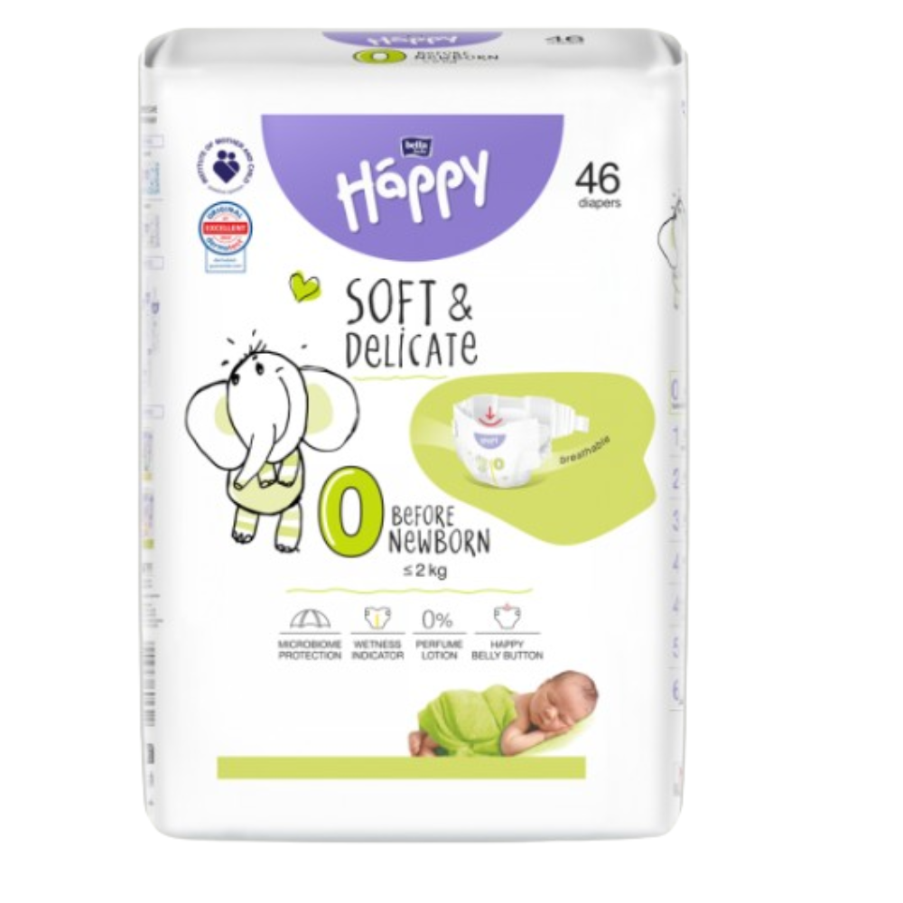 Scutece Before New Born Soft&Delicate, Nr.0, <2 kg, 46 bucati, Happy