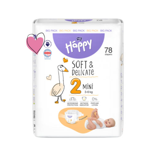 Scutece Mini Soft and Delicate, Nr 2, 3-6 kg, 78 bucati, Happy