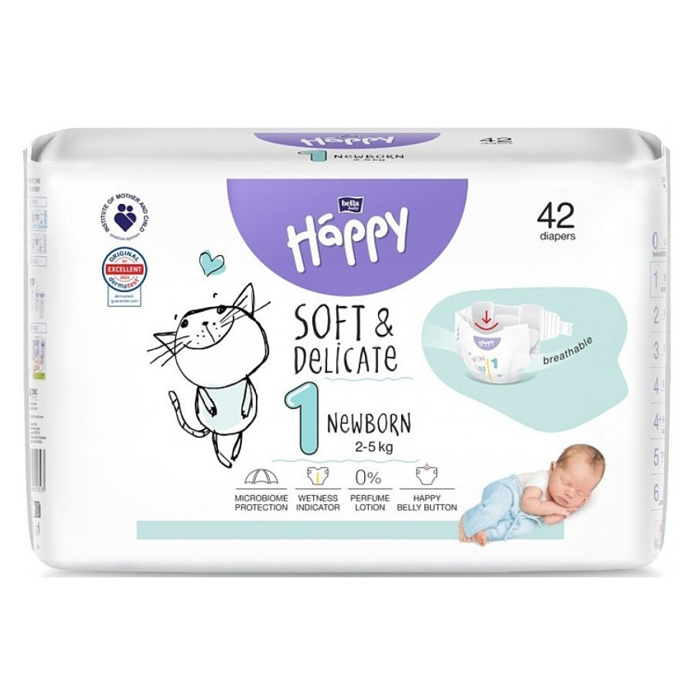 Scutece New Born Soft&Delicate, Nr.1, 2-5 kg, 42 bucati, Happy