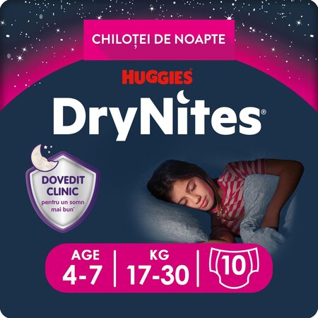 Scutece de noapte Pants DryNites, 17-30 kg, Fete, 4-7 ani, 10 bucati, Huggies 776481