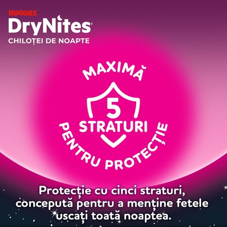 Scutece de noapte Pants DryNites, 17-30 kg, Fete, 4-7 ani, 10 bucati, Huggies 776485