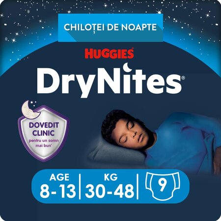 Scutece de noapte Pants Drynites, 8-13 ani, 30-48 kg, Baieti, 9 bucati, Huggies 776434