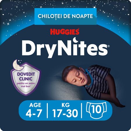 Scutece de noapte Pants DryNites, Baieti, 4-7 ani, 17-30 kg, 10 bucati, Huggies 776426