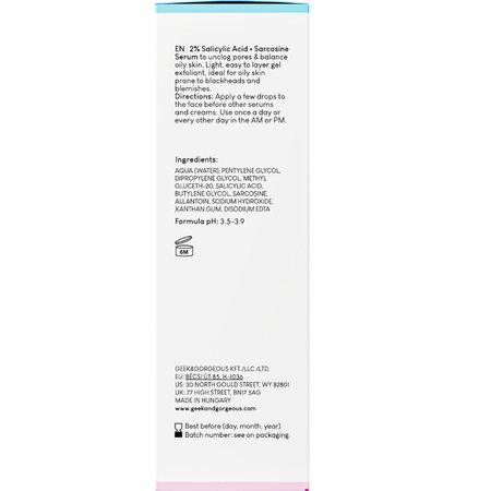Ser cu 2% Acid Salicilic si Sarcosina Porefectly Clear, 30 ml, Geek & Gorgeous 760235