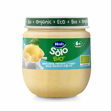 Piure ecologic de mere si banane cu iaurt Solo, +6 luni, 120 g, Hero Baby 672647