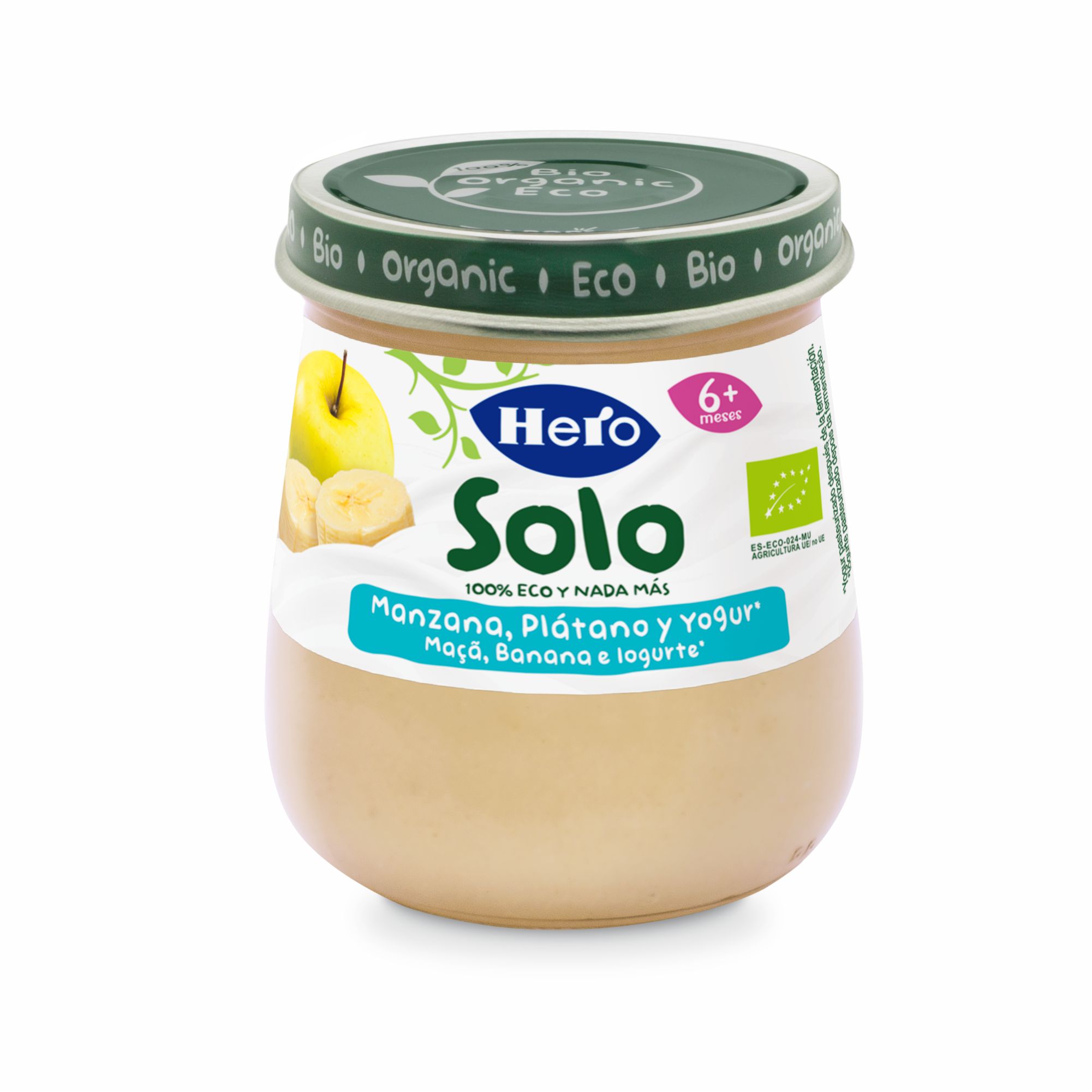 Piure ecologic de mere si banane cu iaurt Solo, +6 luni, 120 g, Hero Baby