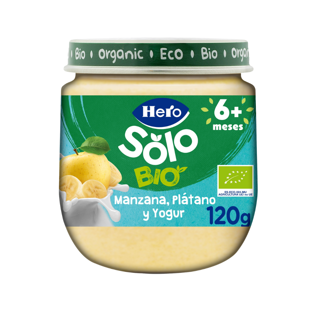 Piure ecologic de mere si banane cu iaurt Solo, +6 luni, 120 g, Hero Baby