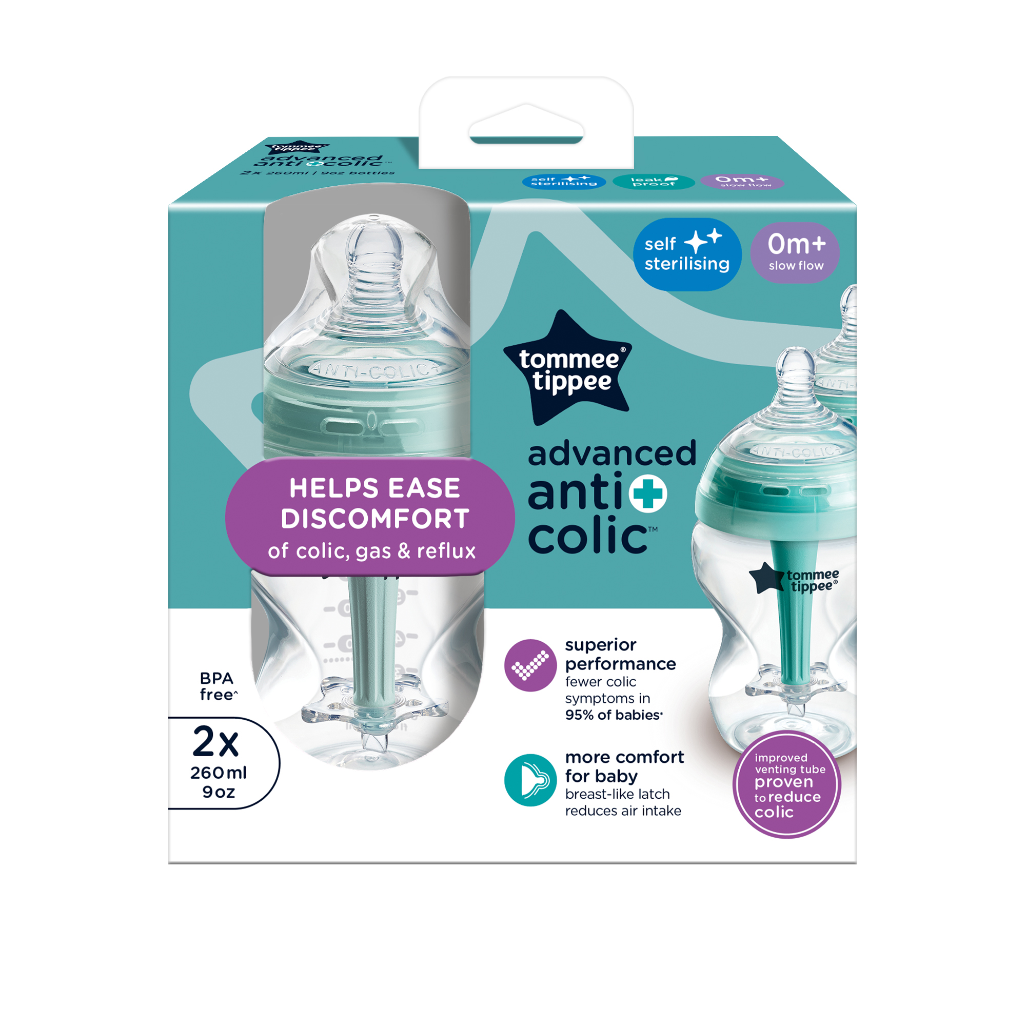 Set biberoane din PP cu autosterilizare Advanced Anti-colici Natural Start, 260 ml, 0 luni+, 2 bucati, Tommee Tippee