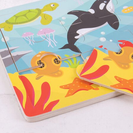 Puzzle din lemn Lumea Acvatic, +2 ani, 9 piese, BigJigs 653076