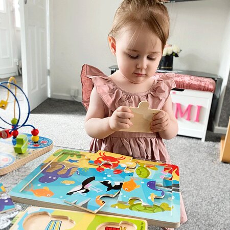 Puzzle din lemn Lumea Acvatic, +2 ani, 9 piese, BigJigs 653078