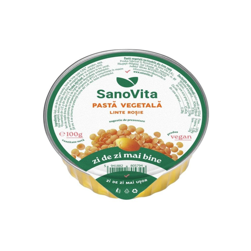 Pasta vegetala din linte rosie, 100 g, Sanovita
