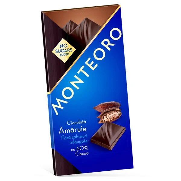 Ciocolata neagra 60% cacao fara zahar adaugat, 90 g, Monteoro