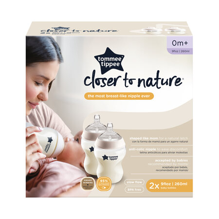 Set 2 biberoane PP cu tetina din silicon Closer to Nature, 260 ml, 0 luni+, 2 bucati, Tommee Tippee 690772