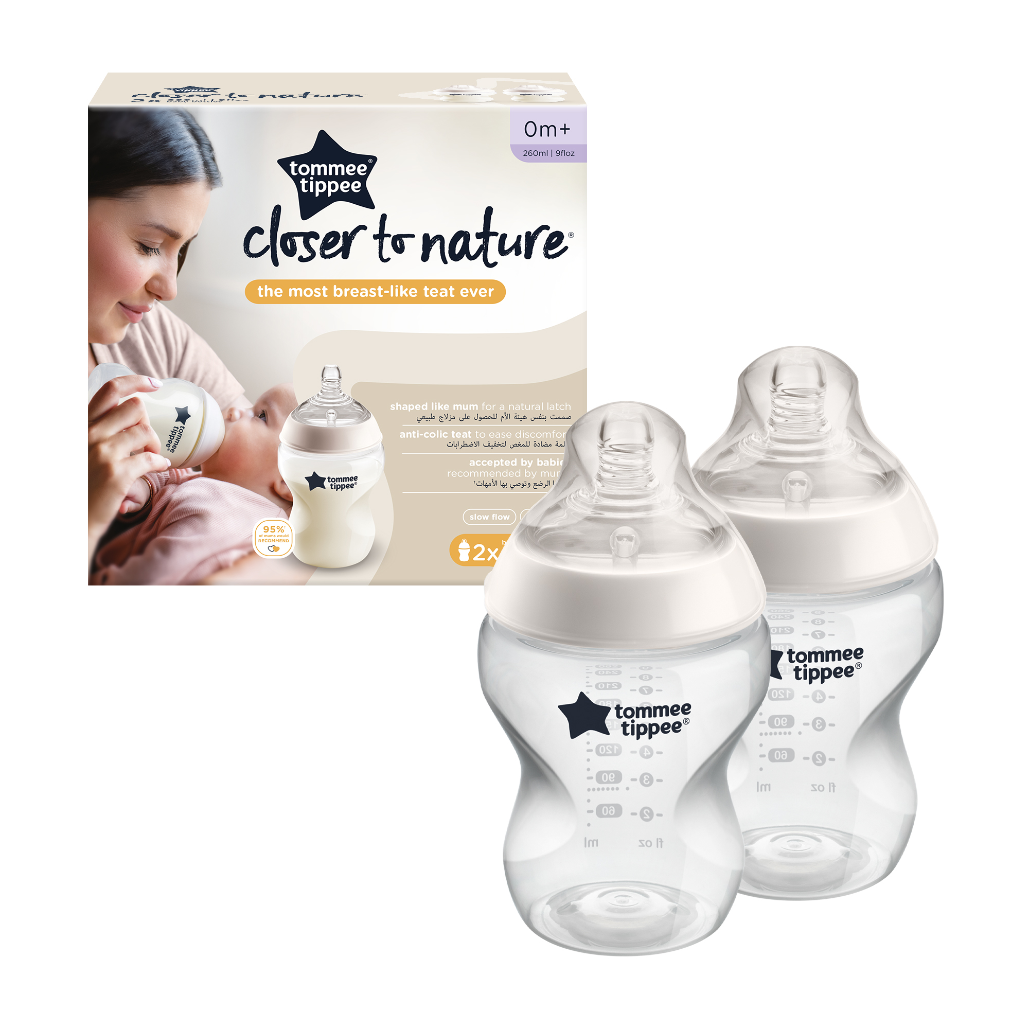 Set 2 biberoane PP cu tetina din silicon Closer to Nature, 260 ml, 2 bucati, Tommee Tippee