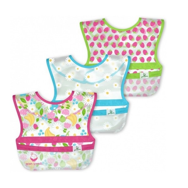 Set 3 bavete impermeabile cu buzunar reversibil, Pink Fruit, Green Sprouts