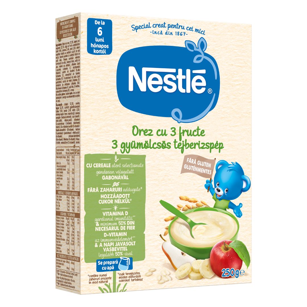 Cereale din orez cu 3 fructe Infant Cereals, +6 luni, 250 g, Nestle