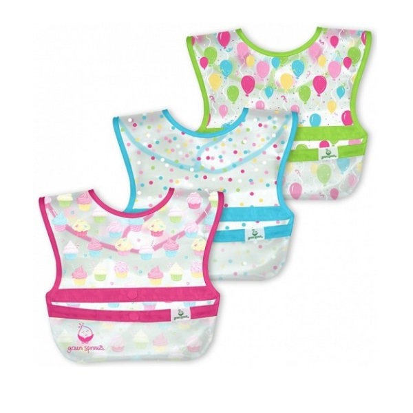 Set 3 bavete impermeabile cu buzunar reversibil, Pink Cupcakes, Green Sprouts