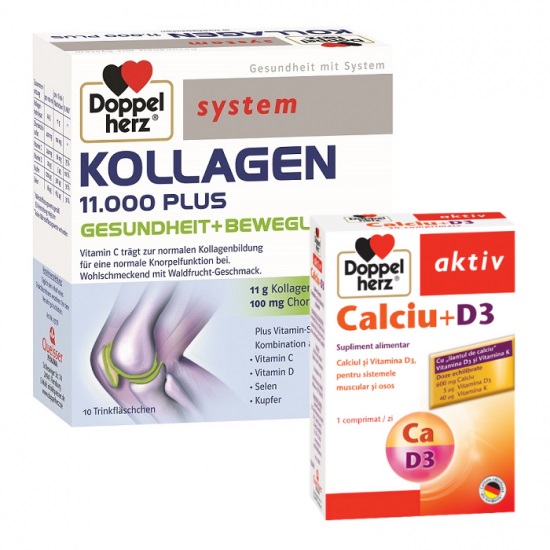 Pachet Kollagen 11.000, Calciu + D3, 10 flacoane +10 comprimate, Doppelherz