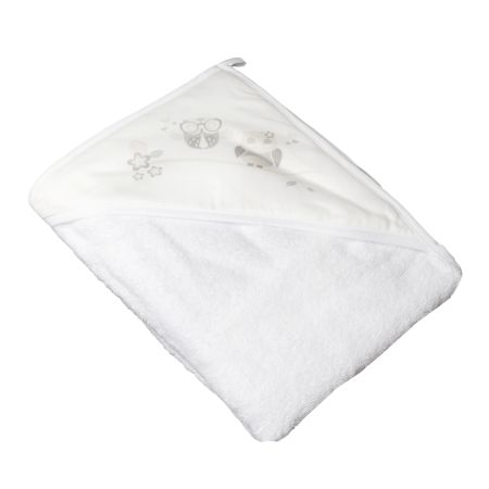 Prosop de baie cu gluga, 80x80cm, Alb, Bufnita, Tega Baby