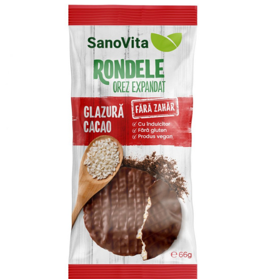 Rondele din orez cu glazura de cacao fara zahar, 66 g, Sanovita 